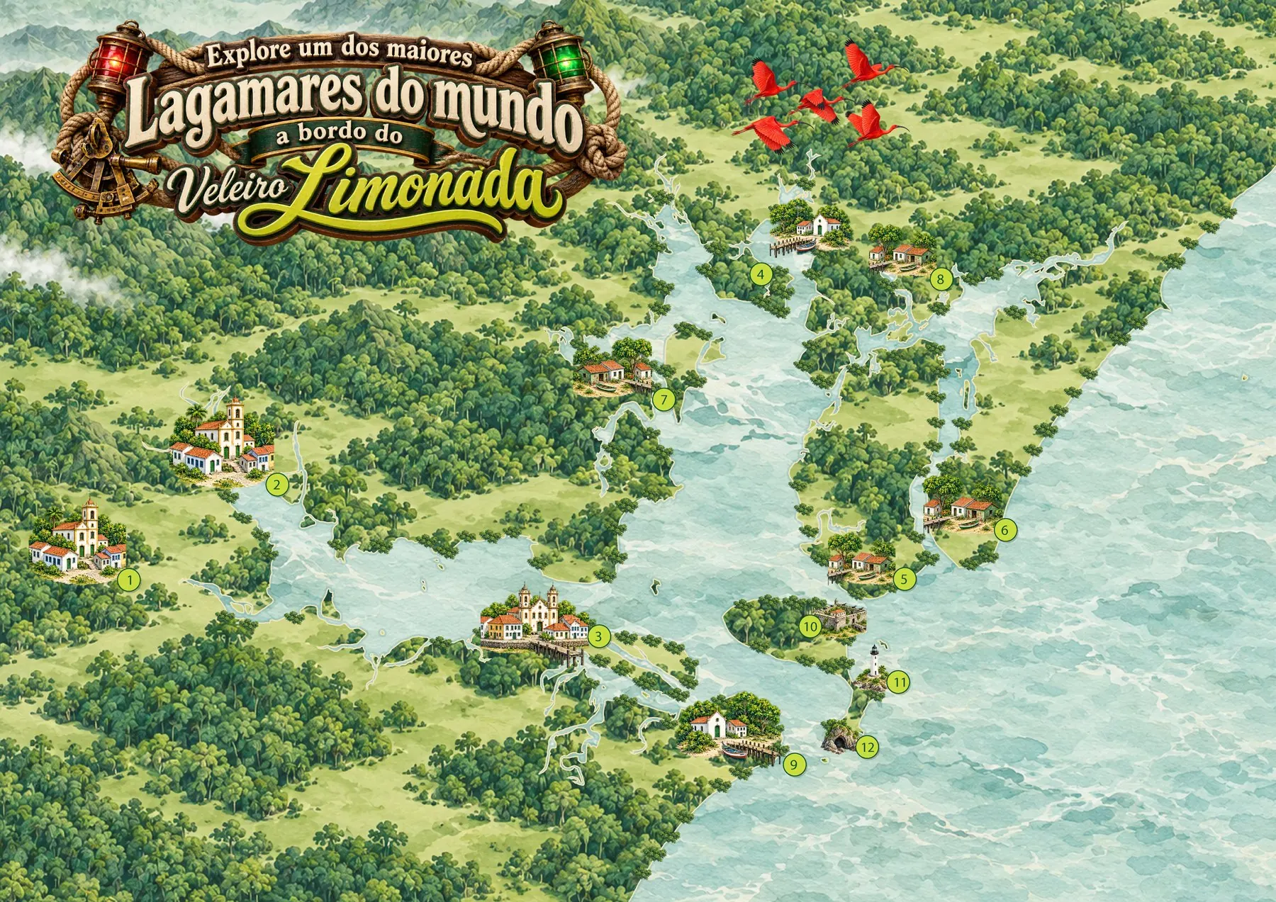 Mapa ilustrado de la región del Lagamar, de la bahía de Paranaguá a la Ilha do Mel, con 12 destinos numerados